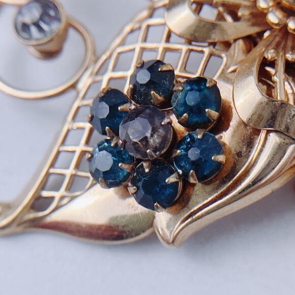 VTG Signed Harry Iskin 12K GF Blue Rhinestone Floral Brooch Mid Century 1950s - Picture 3 of 11
